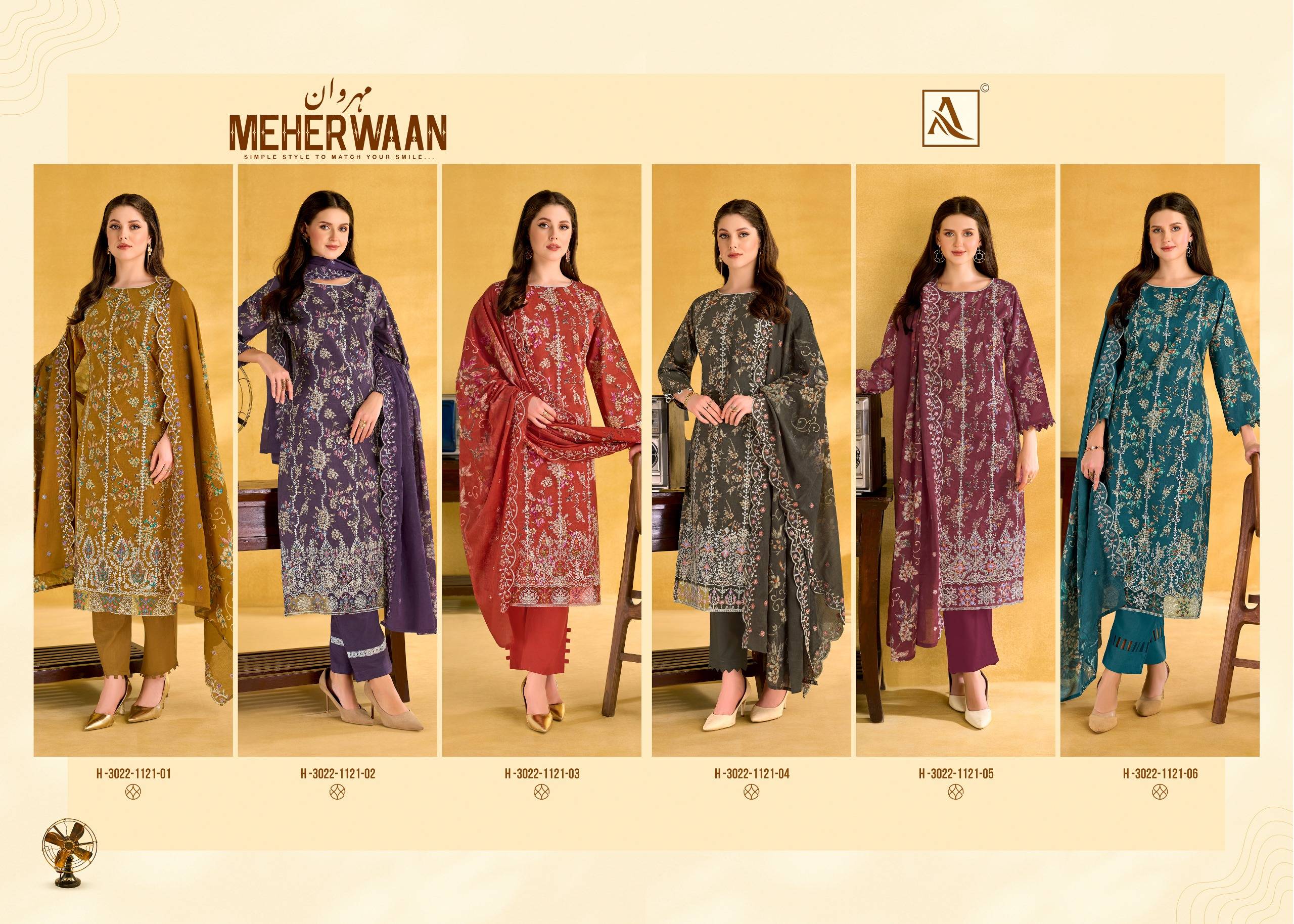MEHERWAAN BY Alok Suit 3022-1121-001 TO 3022-1121-006 SERIES Pakistani Stylish Embroidered Pure Cambric Cotton Dresses At Wholesale Price